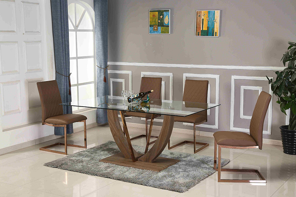 Модерна трапезна маса със стъклен плот и кафява основа – GRANDecor.bg