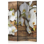 Двустранен параван с бели орхидеи върху фон дърво - 3 крила