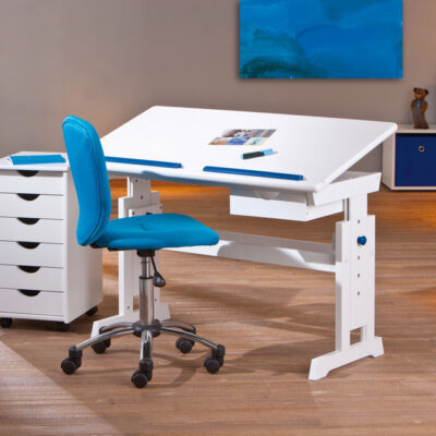 Бяло детско бюро с повдигащ механизъм и подвижен плот