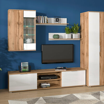 Стилна модулна секция за хол в бяло и дъб ватан Zele - декор