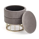 Табуретка с място за съхранение и златиста основа-сив, отворена