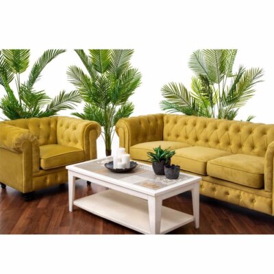 Стилен фотьойл с кадифена дамаска в жълто и дървени крачета декорация