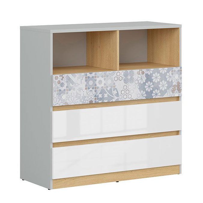 Модерен скрин с открит рафт Нанду - чекмедже с флорални детайли Модерен скрин с открит рафт Нанду - чекмедже с флорални детайли