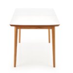 Разтегателна трапезна маса с нестандартен бял плот, отпред