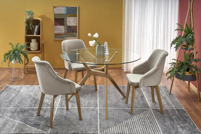 Кръгла трапезна маса от стъкло с дървена основа – GRANDecor