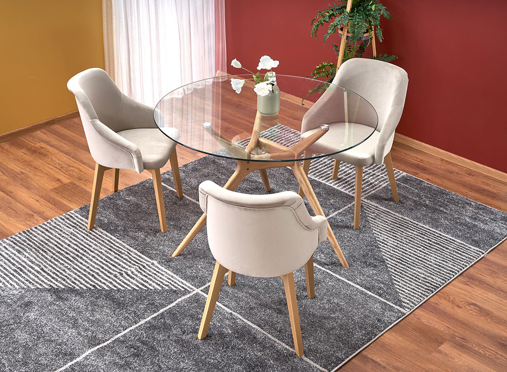 Кръгла трапезна маса от стъкло с дървена основа – GRANDecor.bg