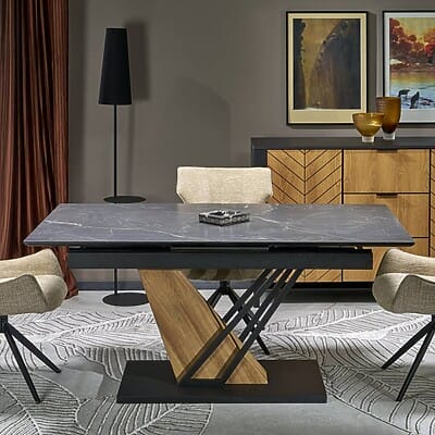 Разтегателна трапезна маса с тъмносив плот и V-образна основа