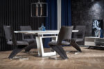 Разтегателна трапезна маса в цвят бял мрамор - разтегната