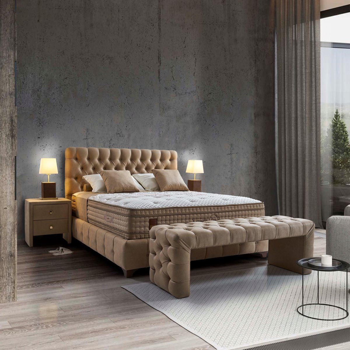 Капитонирано легло с бежова дамаска Капитонирано легло с бежова дамаска