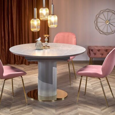 Кръгла разтегателна маса с плот като сив мрамор