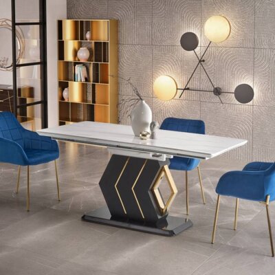 Разтегателна трапезна маса с плот имитирасхт мрамор   интериор