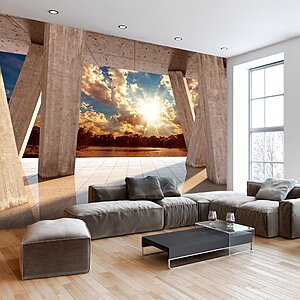 3D фототапет с бетонени колони и пейзаж - интериор