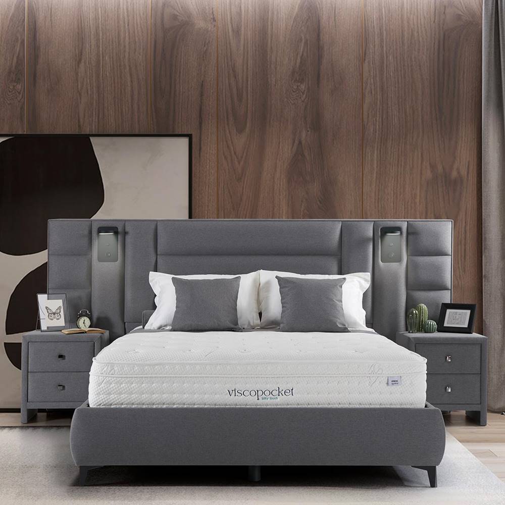 Сиво легло с широка табла, вградено осветление и USB-интериор Сиво легло с широка табла, вградено осветление и USB-интериор