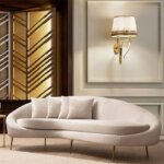 Триместен диван с дамаска в бежов цвят ляв ъгъл, интериор