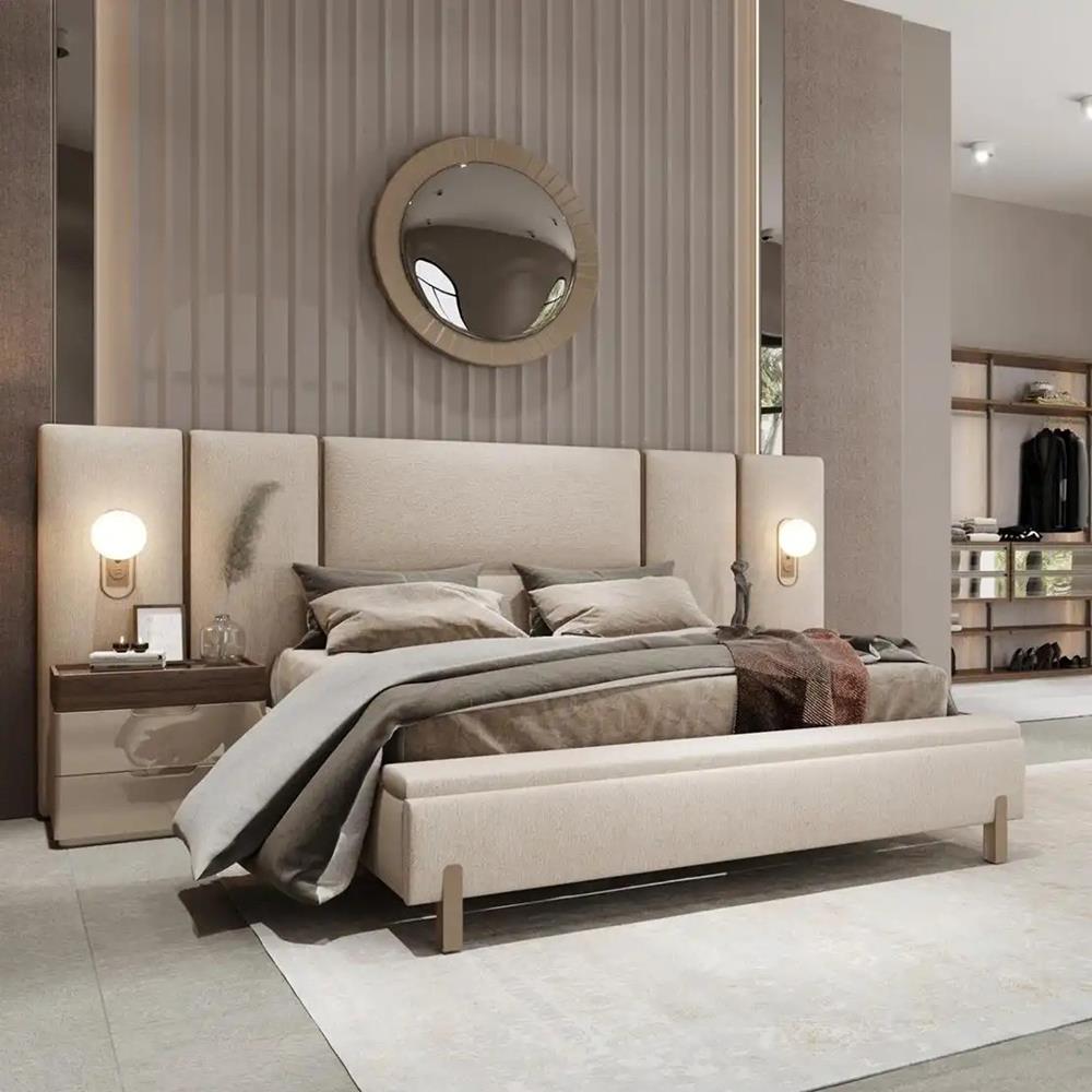 Тапицирано легло в сиво-бежово на високи крачета Бриел Тапицирано легло в сиво-бежово на високи крачета Бриел