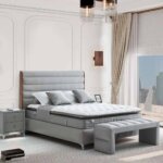 Тапицирано нощно шкафче с LED осветление и USB зареждане интериор