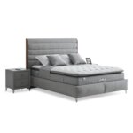 Сиво тапицирано легло с място за съхранение