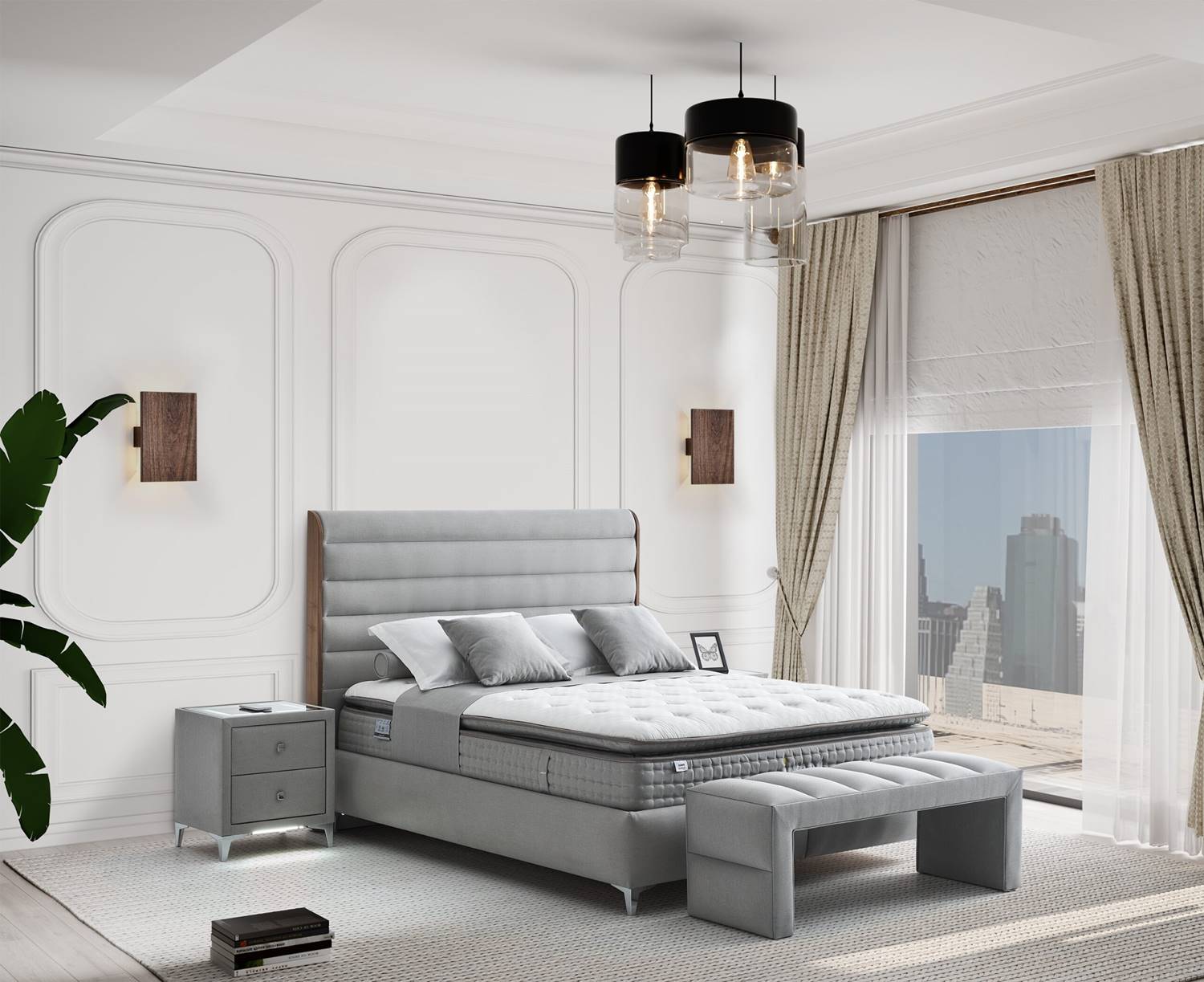 Сиво тапицирано легло с място за съхранение-интериор Сиво тапицирано легло с място за съхранение-интериор