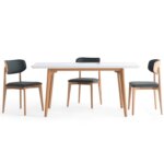 Разтегателна трапезна маса с плот в бял гланц примерна подредба