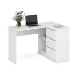 Бюро с работен плот, чекмеджета и рафтове - бял