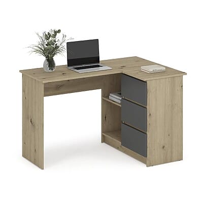 Малко ъглово бюро с 3 чекмеджета и 2 рафтa-графит