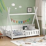 Детско легло с дизайн на къщичка и предпазна преграда-бял, интериор