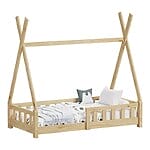 Детско легло с дизайн на къщичка и предпазна преграда натурален