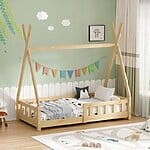 Детско легло с дизайн на къщичка и предпазна преграда натурален, интериор