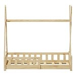 Детско легло с дизайн на къщичка и предпазна преграда-натурален, отпред