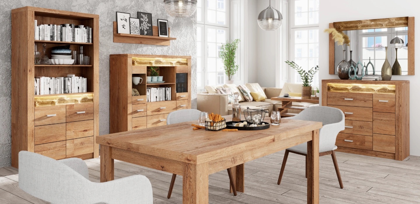 Модулна система за дневна и трапезария в дървесен цвят Индианаполис