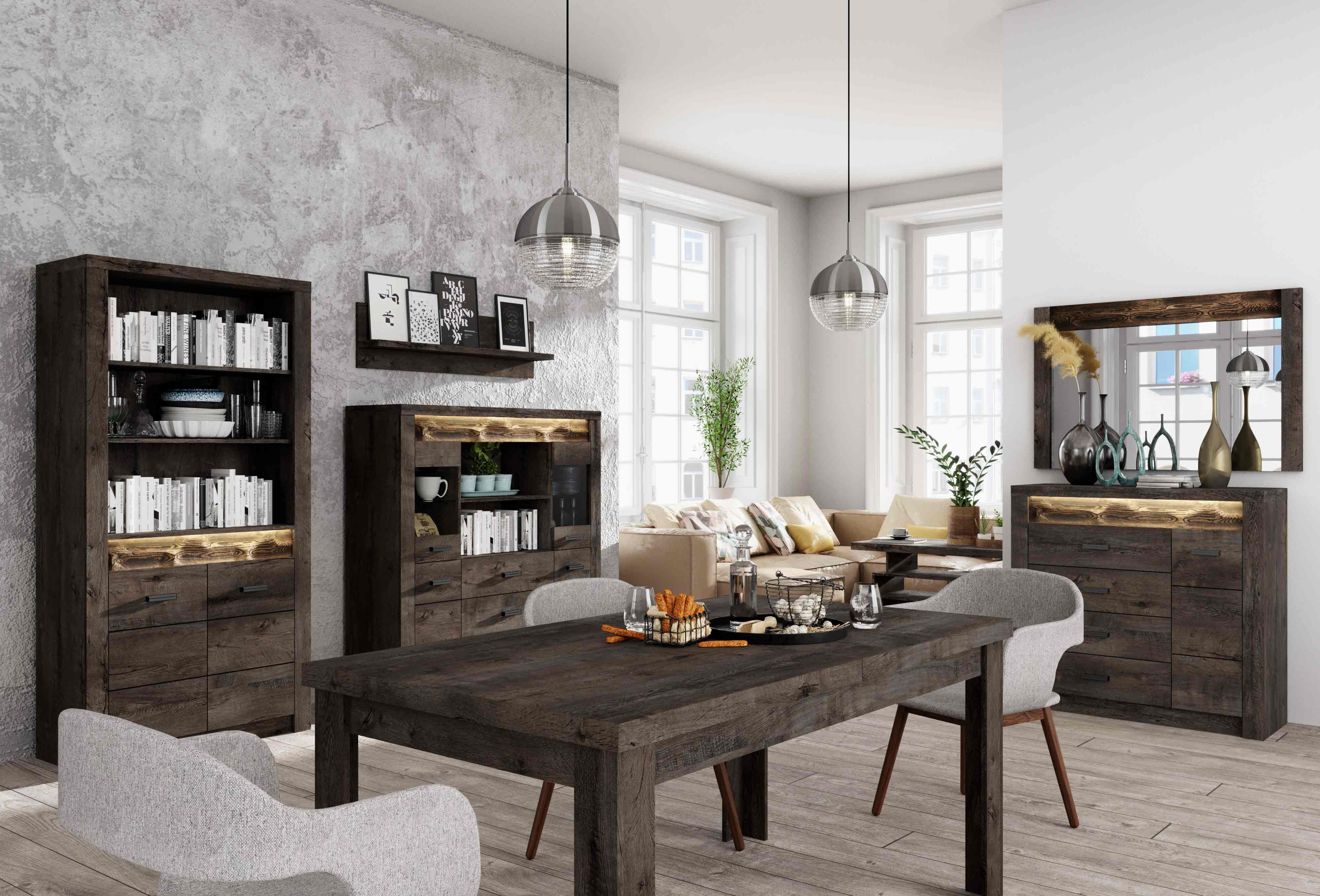 Модулна система за дневна и трапезария в тъмен дървесен цвят Индианаполис