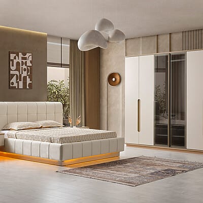 Спален комплект тапицирано легло с гардероб и нощни шкафчета Lizbon