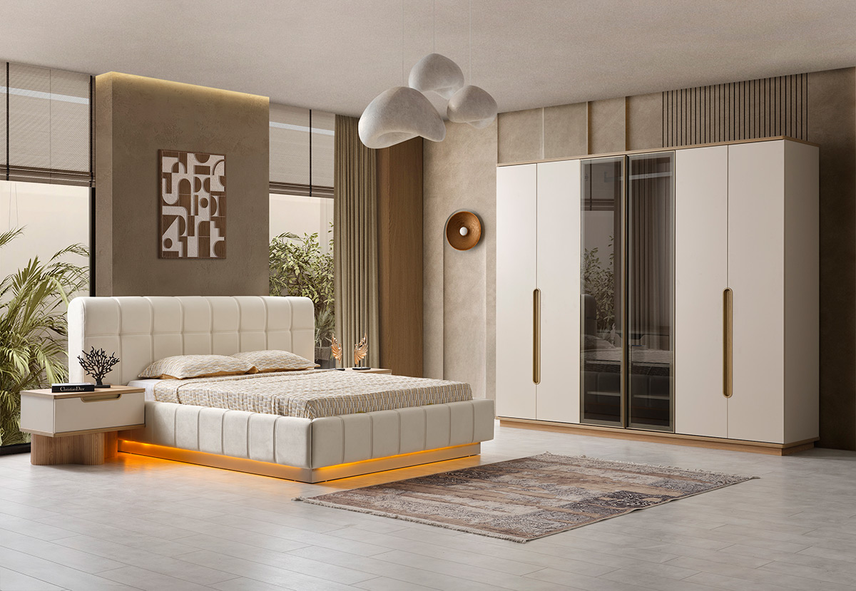 Спален комплект тапицирано легло с гардероб и нощни шкафчета Lizbon