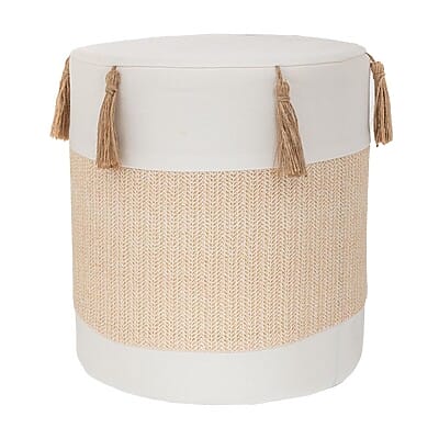 Табуретка с текстилна дамаска и пискюли-бял