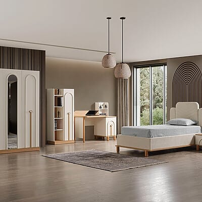 Комплект легло за тийнейджър, нощно шкафче, гардероб, бюро и етажерка Gonca