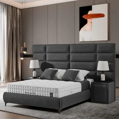 Двойно тапицирано легло с широка табла сиво