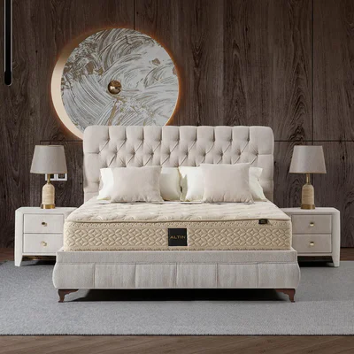 Тапицирано легло с ракла в бежов цвят